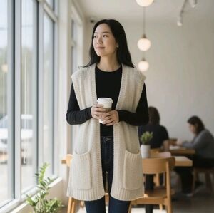 Vintage Classic Fashions Cream Knit Sweater Vest Womens Pockets 44